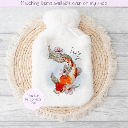 Koi Carp personalised Fluffy Hot Water Bottle - hand drawn fish custom gift - gift for her - gift for him - keeping cosy