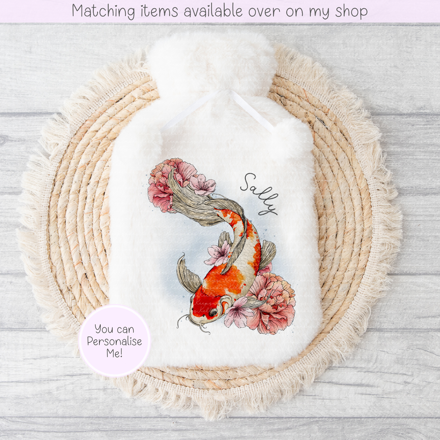 Koi Carp personalised Fluffy Hot Water Bottle - hand drawn fish custom gift - gift for her - gift for him - keeping cosy