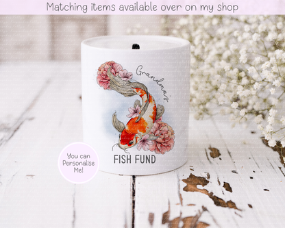 Koi Carp Fish Fund Personalised Money Pot - Hand drawn Fish Piggy Bank - Saving Money Fish Fund