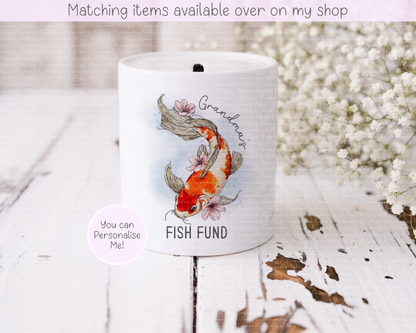 Koi Carp Fish Fund Personalised Money Pot - Hand drawn Fish Piggy Bank - Saving Money Fish Fund