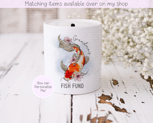 Koi Carp Fish Fund Personalised Money Pot - Hand drawn Fish Piggy Bank - Saving Money Fish Fund
