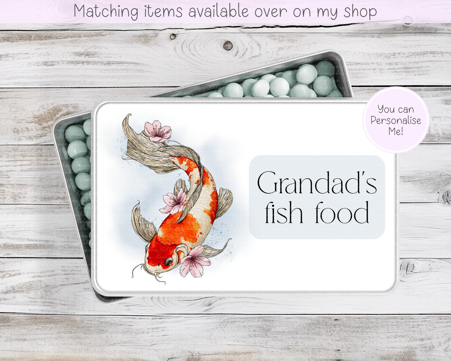 Koi Carp Personalised treat tin - fish food tin - treat custom koi carp fish tin - gift for him - gift for her - fish keeper