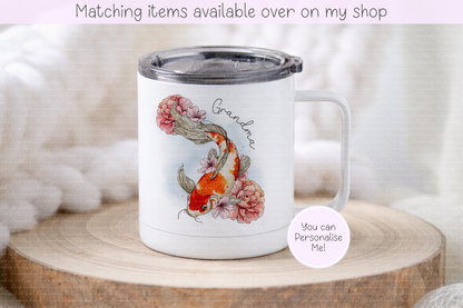 Koi Carp Personalised Insulated Metal Travel Mug with Lid – Drinks on the go - Custom hand drawn fish metal travel mug