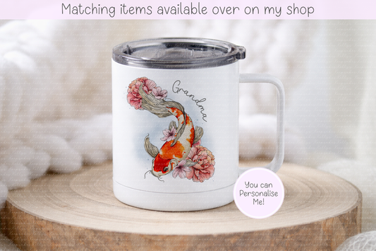 Koi Carp Personalised Insulated Metal Travel Mug with Lid – Drinks on the go - Custom hand drawn fish metal travel mug