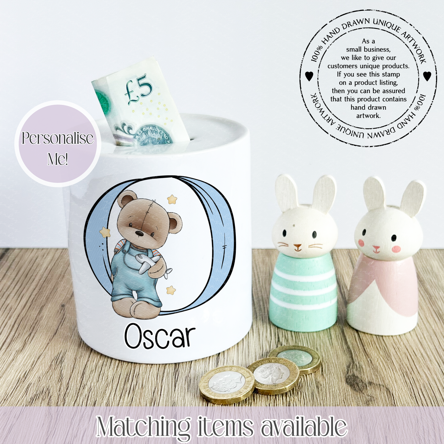 Dungaree Teddy Bear Personalised Ceramic Money Box - girl and boy - young savers piggy bank - gifts for kids