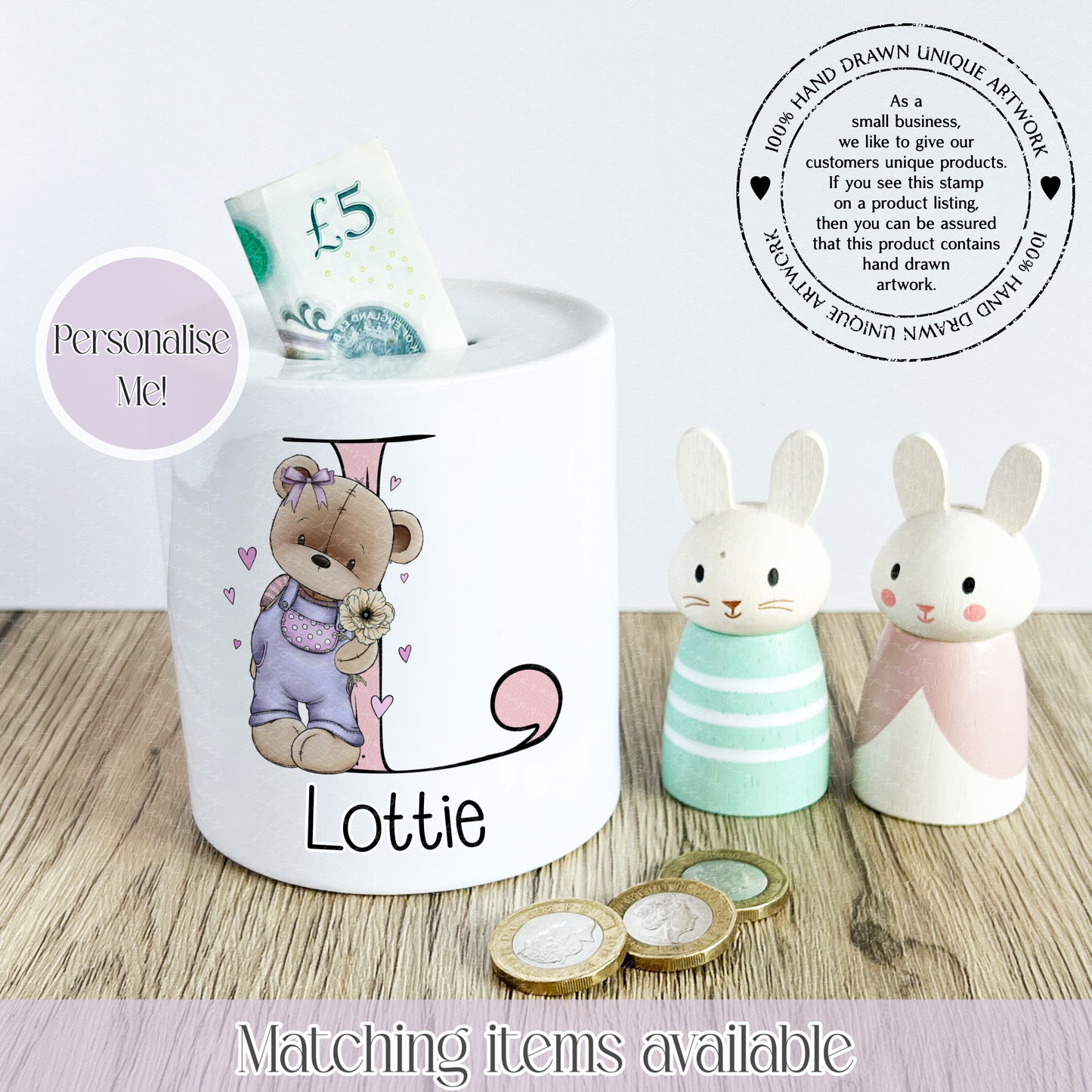 Dungaree Teddy Bear Personalised Ceramic Money Box - girl and boy - young savers piggy bank - gifts for kids
