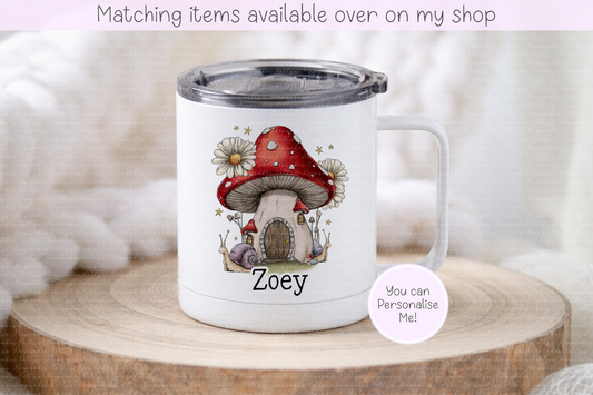 Whimsical Toadstool Personalised Insulated Metal Travel Mug with Lid – Drinks on the go - Custom hand drawn mushroom metal travel mug