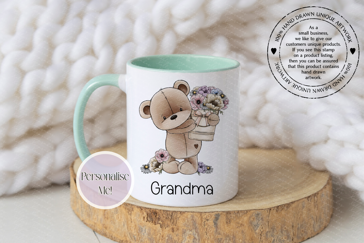 Mother's Day Personalised Bear With Flower Bucket - teddy bear custom mug - gift for her - optional coaster