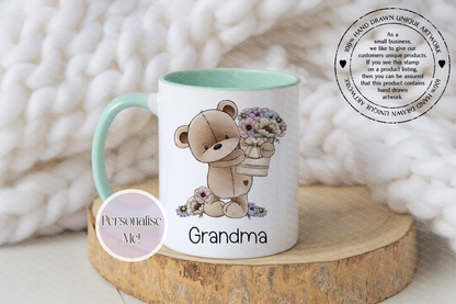 Mother's Day Personalised Bear With Flower Bucket - teddy bear custom mug - gift for her - optional coaster