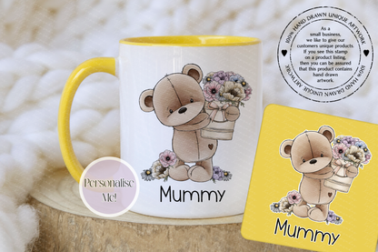 Mother's Day Personalised Bear With Flower Bucket - teddy bear custom mug - gift for her - optional coaster