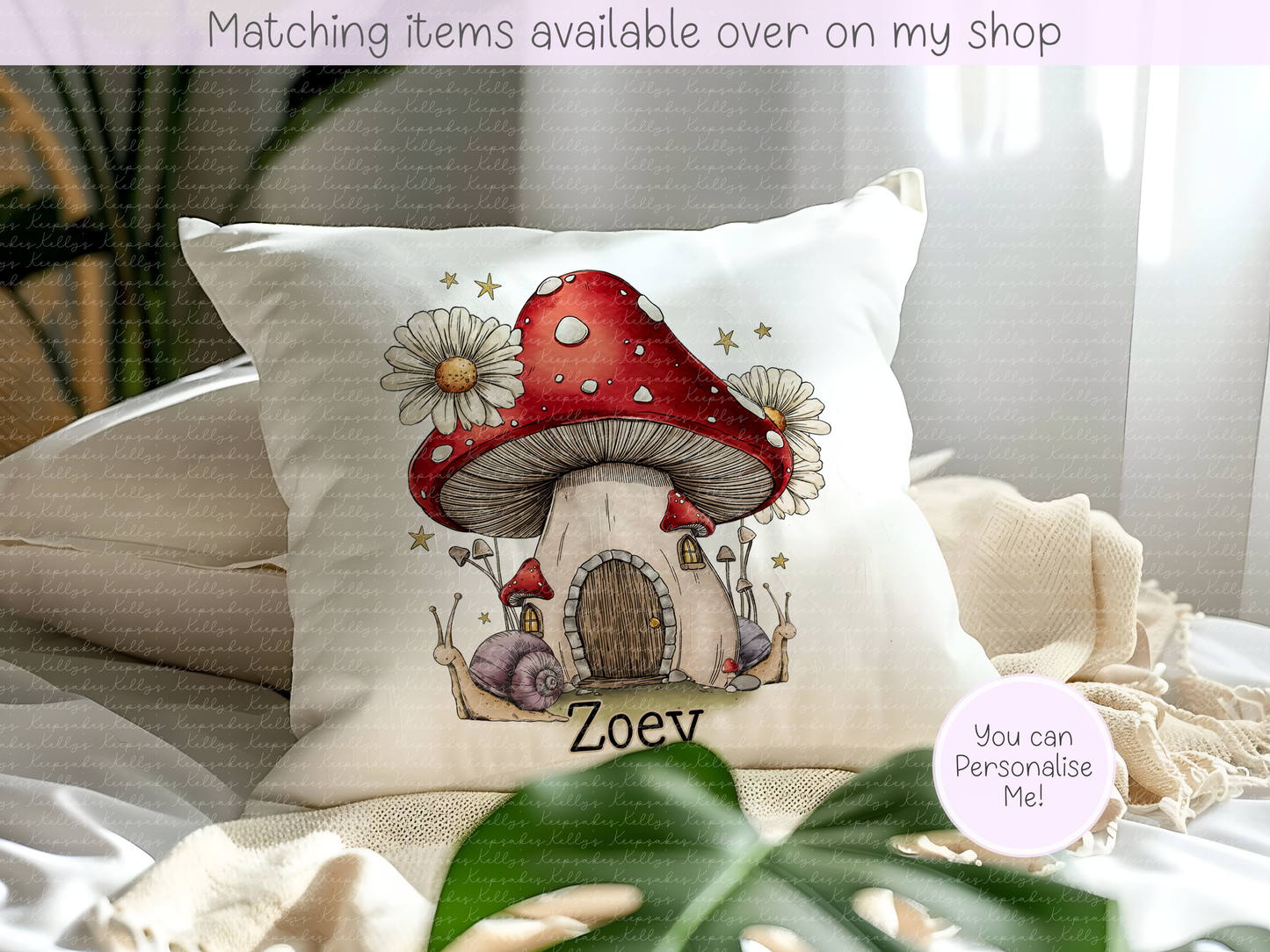 Whimsical Toadstool personalised velvet cushion - custom hand drawn mushroom cushion - various colours - gift for her