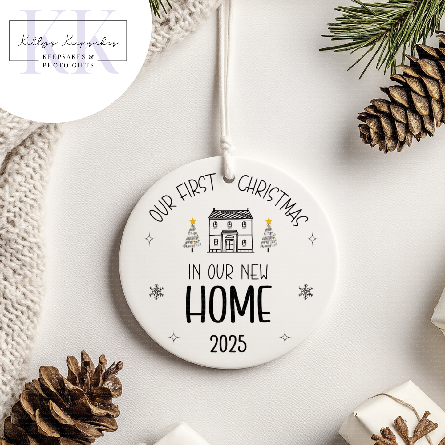 Personalised First Christmas in New Home 2025. Home bauble, ceramic Christmas decoration for them.