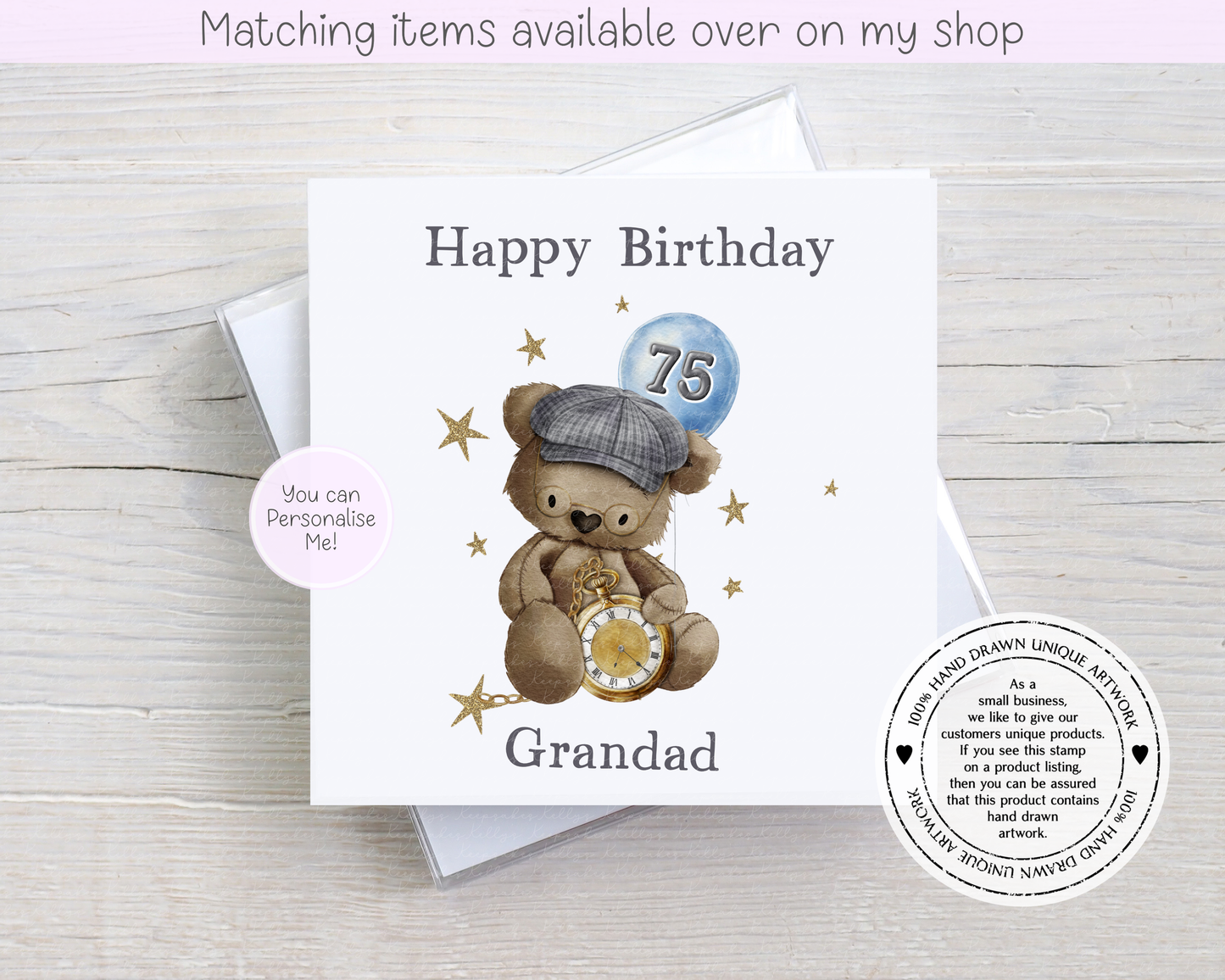 Personalised Flat Cap Teddy Bear & Pocket Watch Birthday Card for him, Custom Age Birthday