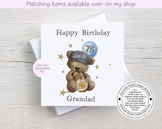 Personalised Flat Cap Teddy Bear & Pocket Watch Birthday Card for him, Custom Age Birthday