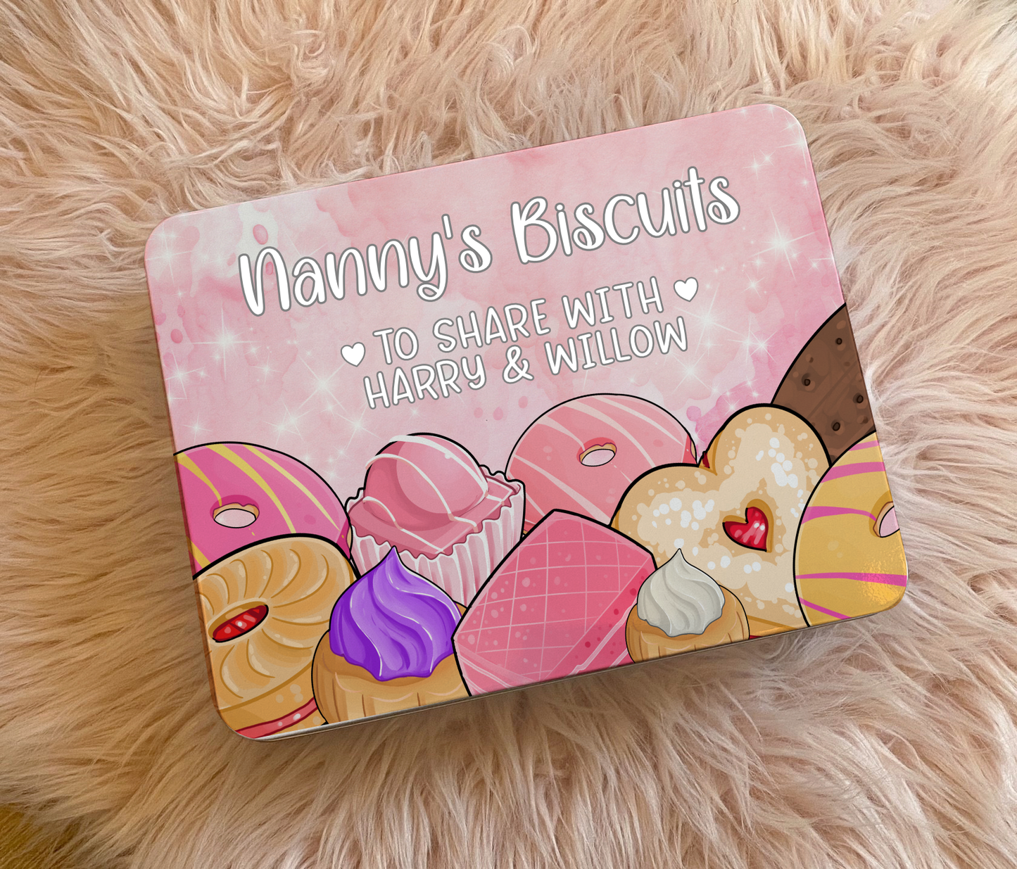 Personalised Nanny's Biscuit Tin choice of colour – Two Size Options - to be shared with - Choice of names