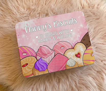 Personalised Nanny's Biscuit Tin choice of colour – Two Size Options - to be shared with - Choice of names