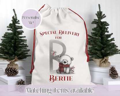 Quirky Christmas Polar Bear Santa Sack - Christmas Personalised Sack - 2 SIZES - 2 TYPES