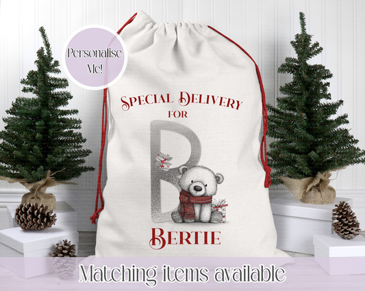 Quirky Christmas Polar Bear Santa Sack - Christmas Personalised Sack - 2 SIZES - 2 TYPES