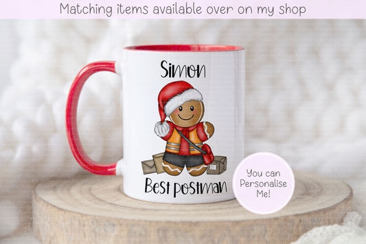 Personalised Christmas Postman Mug, Santa’s Favourite Postie Gift, Best Postman Gingerbread Mug, Postal Worker Christmas Gift
