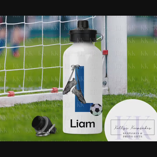 Personalised Football Alphabet Water Bottle- 600ml - Football Player - 2 Lids - School - Footballer - Drink Bottle
