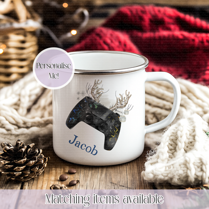 Personalised Christmas Game Controller Mug – Enamel or Ceramic | Custom Name | Christmas Hot Chocolate Mug