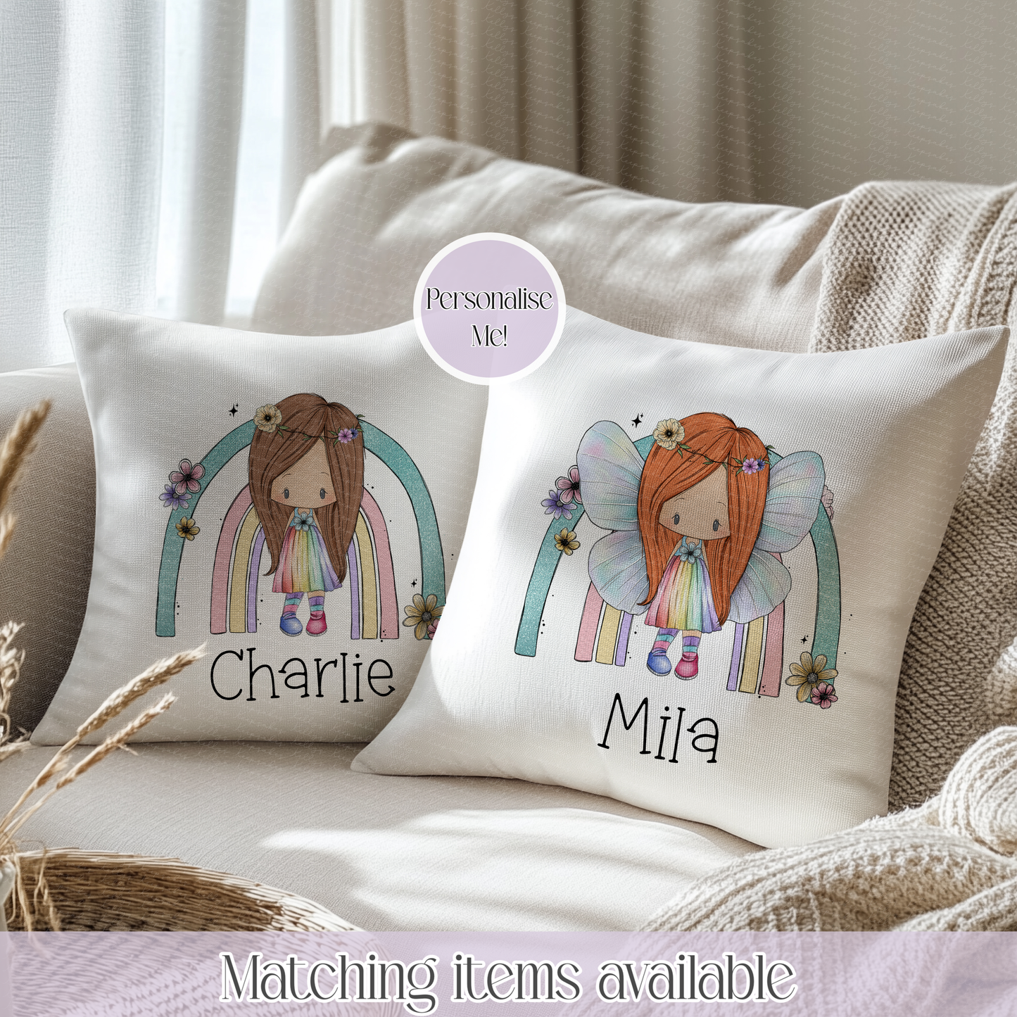 Personalised Rainbow Fairy Velvet Cushion 40cm – Custom Hair Colour, Wings & Cushion Back