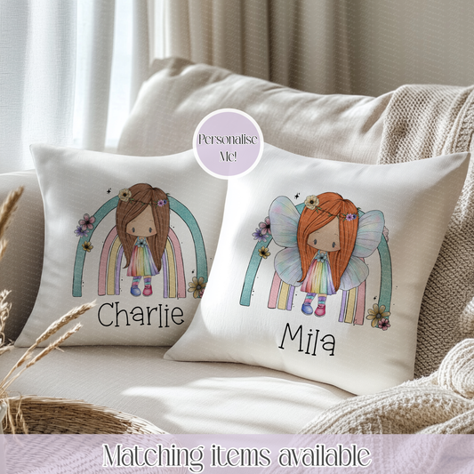 Personalised Rainbow Fairy Velvet Cushion 40cm – Custom Hair Colour, Wings & Cushion Back