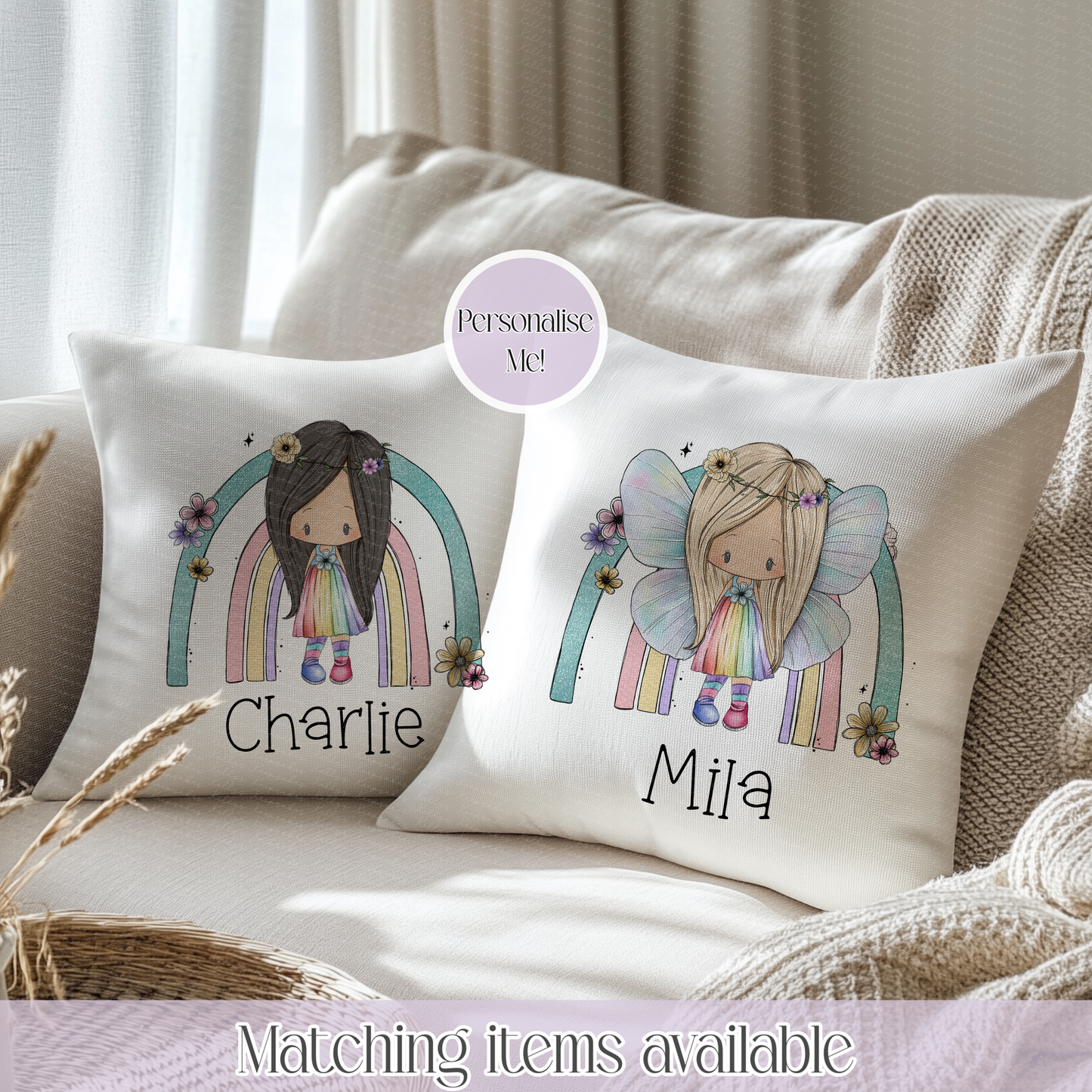 Personalised Rainbow Fairy Velvet Cushion 40cm – Custom Hair Colour, Wings & Cushion Back