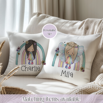 Personalised Rainbow Fairy Velvet Cushion 40cm – Custom Hair Colour, Wings & Cushion Back