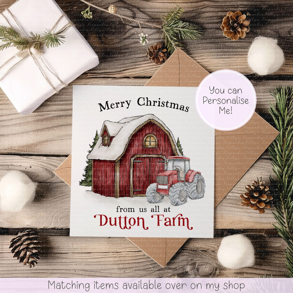 A personalized Christmas greeting card featuring an illustration of a red tractor and red barn with the text 'Merry Christmas from us all at Dutton Farm', displayed on a kraft envelope over a rustic wood background with holiday props.