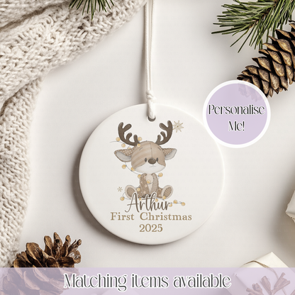 Christmas Reindeer Fairy Light Ceramic Bauble - Christmas Decoration - First Christmas - Fully Editable- Custom Name - Various Colours