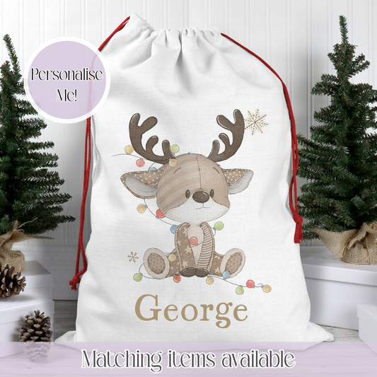Christmas Reindeer Fairy Lights Santa Sack - Christmas Sack - 70 x 50 cm - custom name