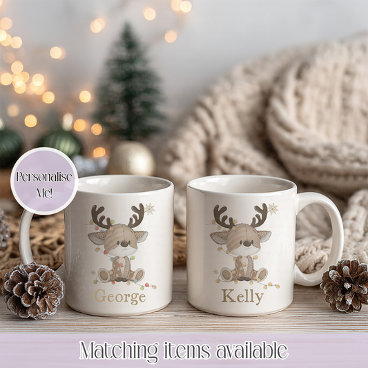 Personalised Christmas Reindeer Fairy Lights Mug – Enamel or Ceramic | Custom Name | Christmas Hot Chocolate Mug (Copy) (Copy)