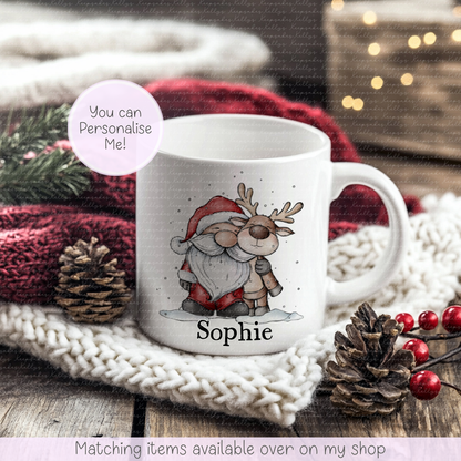 Personalised Santa & Reindeer Christmas Mug – Enamel or Ceramic | Custom Name | Christmas Hot Chocolate Mug