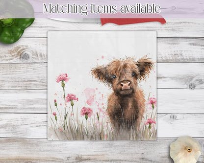 Floral Highland Cow Glass Chopping Board - Kitchen Counter Saver - Work Top Saver - Farm Animals - Kitchen Decor  - New Home Gift