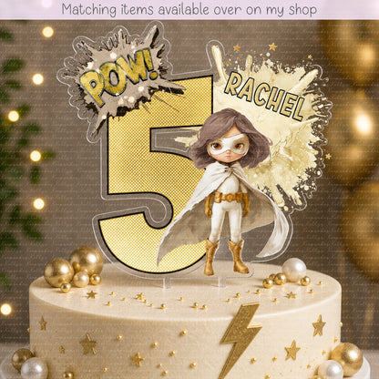 Personalised superhero Girl age cake topper - acrylic printed cake topper - custom cake decoration