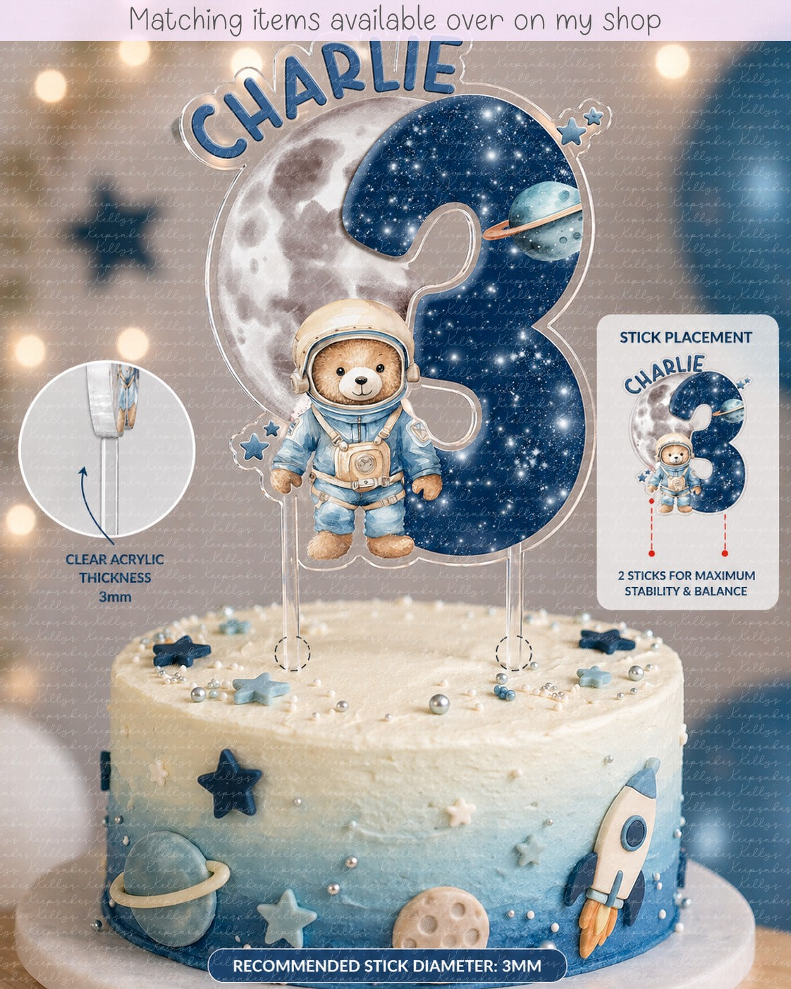 Personalised Birthday Astronaut Teddy Number cake topper - acrylic printed Age Space bear cake topper - custom cake decoration