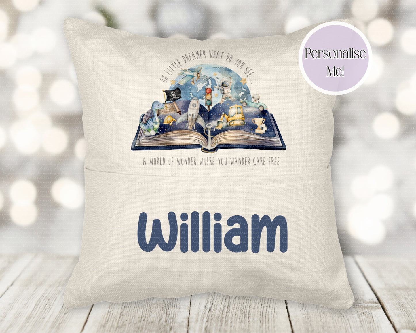 Personalised little readers boy or girl - princess- astronaut- diggers book pocket cushion - young reader - personalised cushion