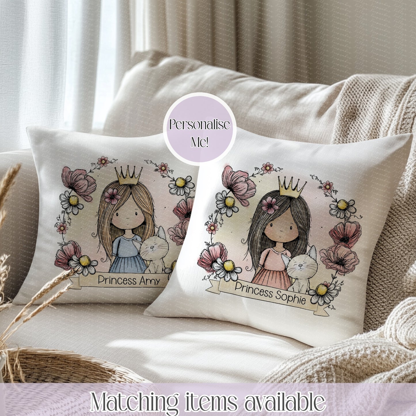 Personalised Princess Girl Floral Frame Velvet Cushion - custom cushion - Colour Back Option