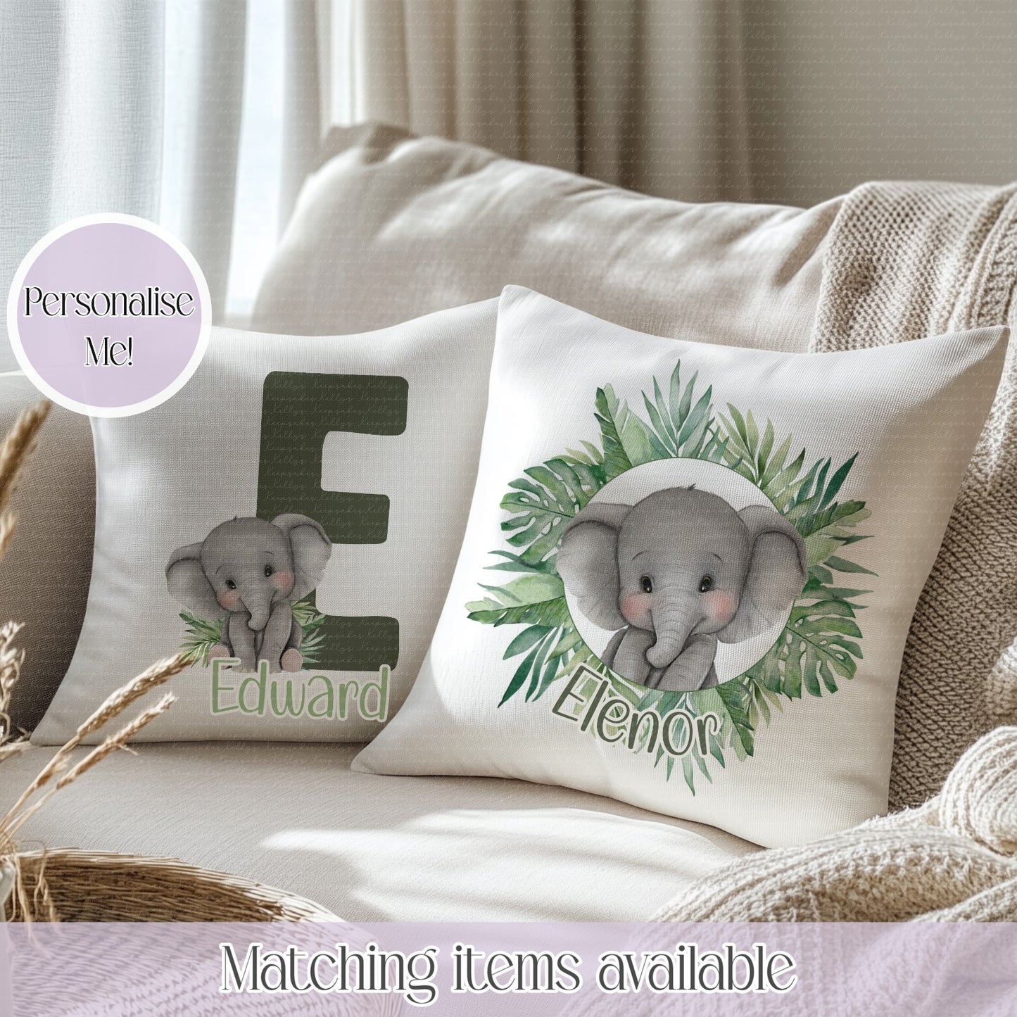 Elephant Jungle Friends Personalised Cushion- initial or jungle frame- Velvet Coloured Back Cushion