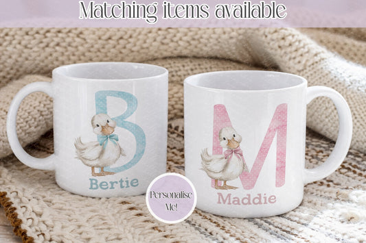 Cute hand drawn goose  initial design personalised mug - ceramic or Enamel mug - custom goose or duck mug