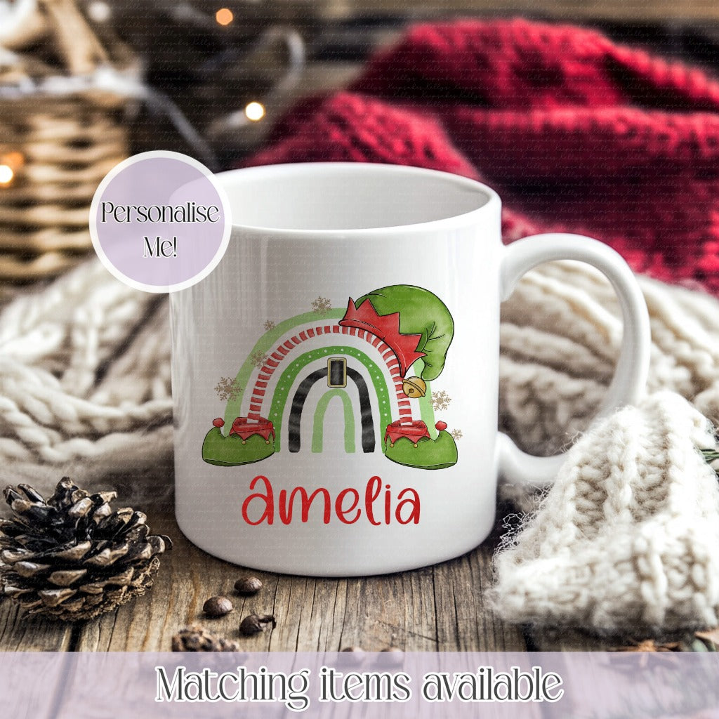 Personalised Christmas Elf Rainbow Mug – Enamel or Ceramic | Custom Name | Christmas Hot Chocolate Mug