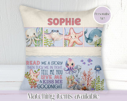 Under the sea book pocket cushion - young reader - personalised cushion - 2 options