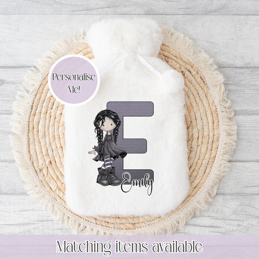 Goth Girl Initial Fluffy Hot Water Bottle 2L - personalised alternative inspired