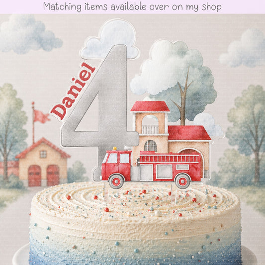 Personalised Birthday Fire Engine Number cake topper - acrylic printed Age Fireman cake topper - custom cake decoration