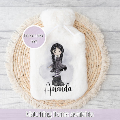 Goth Girl Book or Grave Design Fluffy Hot Water Bottle 2L - personalised alternative inspired