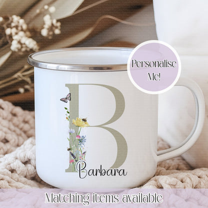 Wildflower Inital Personalised Mug – Enamel Ceramic or China | Custom Name