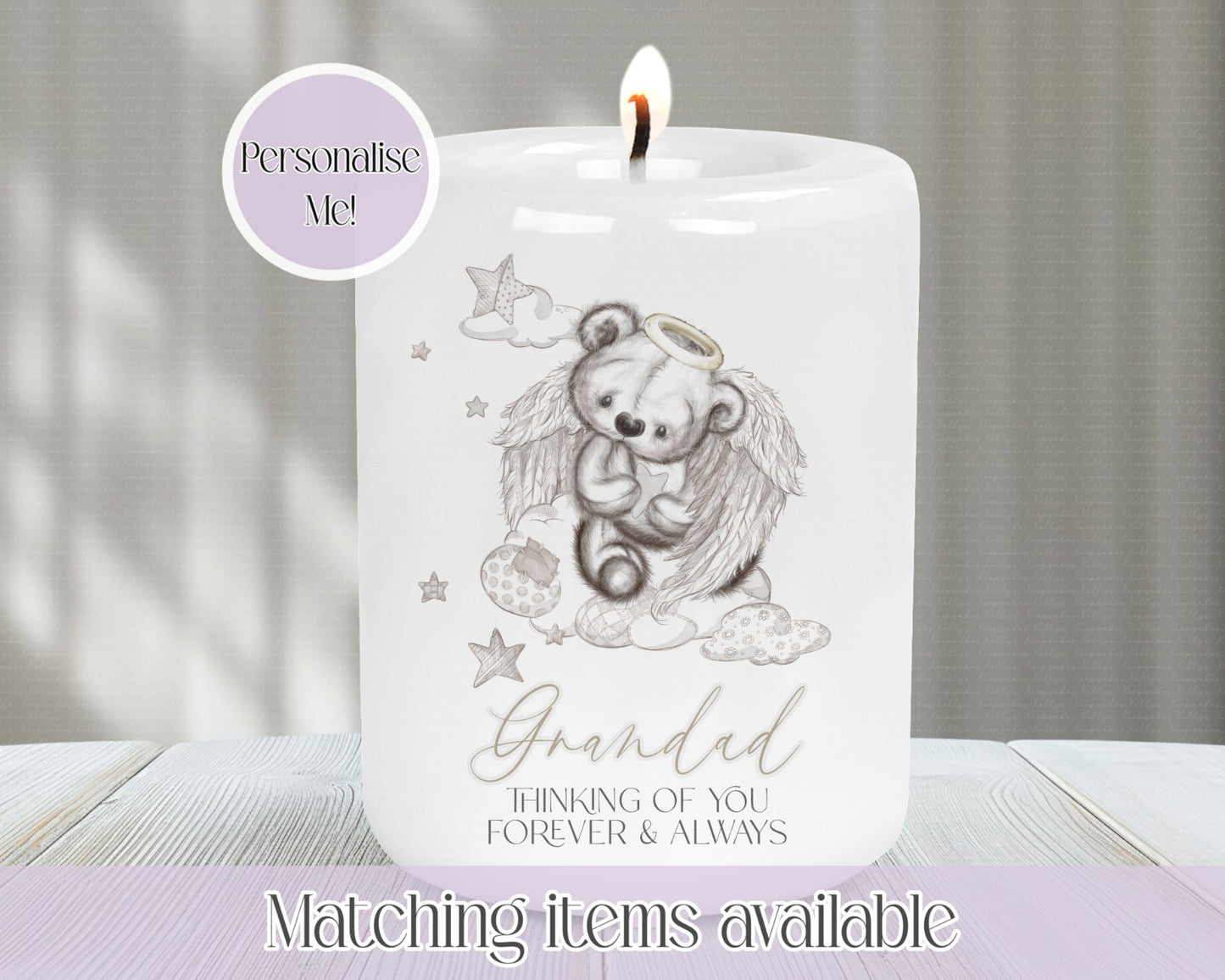 Personalised Memorial Angel Teddy Sitting Cloud Ceramic Candle Holder - thinking of you forever and always - Memorial Candle