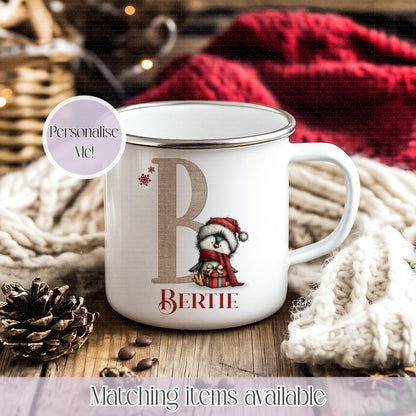 Personalised Quirky Peguin Inital Mug – Enamel or Ceramic | Custom Name | Christmas Hot Chocolate Mug