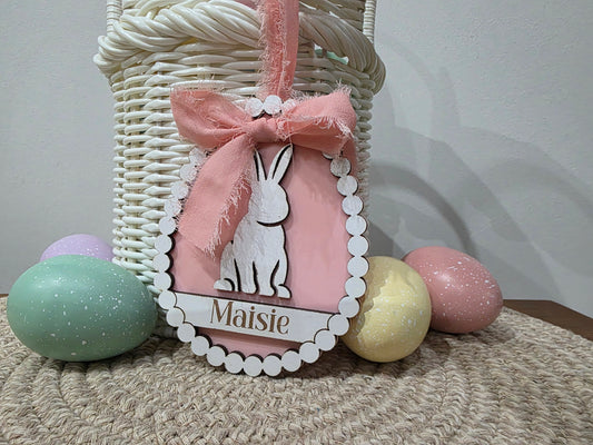 Personalised Wooden Engraved White Bubble  Frame Bunny Easter Tags - Easter hamper baskets